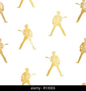 Guitar player gold foil silhouette vector seamless pattern illustration. Golden silhouettes on a white background. Great for paper projects, wallpaper, web backgrounds, flyer, music event advertising Stock Vector