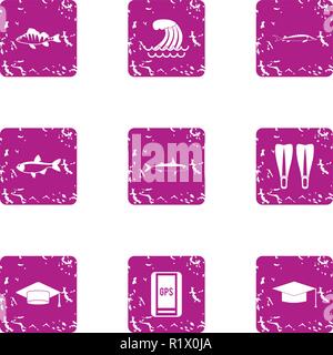 School of the sea icons set, grunge style Stock Vector