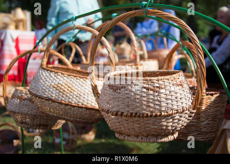 Handmade baskets of birch bark. Stock Photo