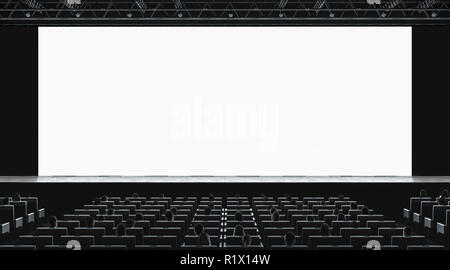 Cinema hall with auditorium watching movie on blank screen mockup. Empty monitor in film theater with viewers mock up. Premiere 3d showtime in theatre presentation template. Stock Photo