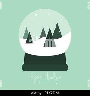 Christmas snow globe with pine trees vector illustration on green background with handwritten happy holidays text Stock Vector