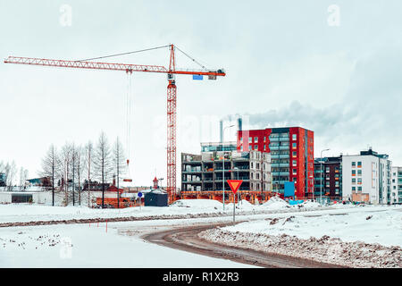 New complex of apartment buildings under development, winter Helsinki, Finland Stock Photo