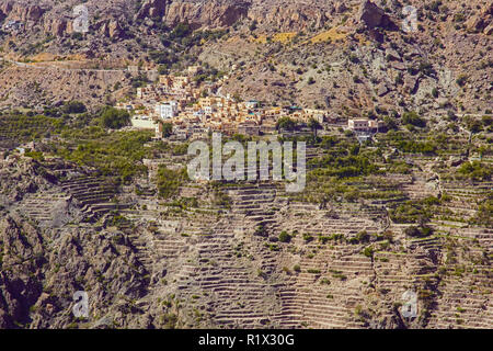 Hillside Village. View from Anantara Al Jabal Akhdar Resort. Located in the hilly The Jebel Akhdar. Al-Hajar Mountains in northeastern Oman. Stock Photo