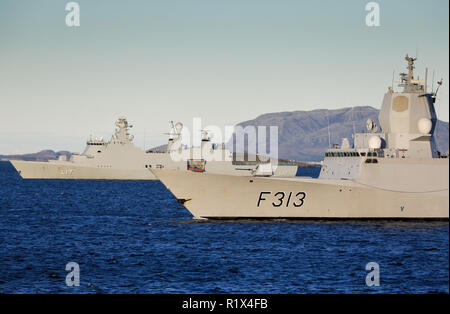 The ill fated frigate KNM Helge Ingstad of the Royal Norwegian Navy in company with HDMS Esbern Snare a Absalon-class support ship of the Danish Navy Stock Photo