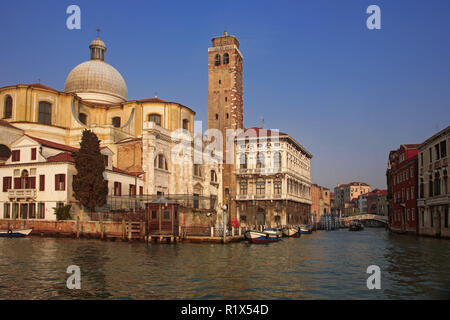 Grand Canal, Venice, Italy: Cannaregio waterfront showing the Chiesa di San Geremia, the Palazzo Labia and the Canal di Cannaregio Stock Photo