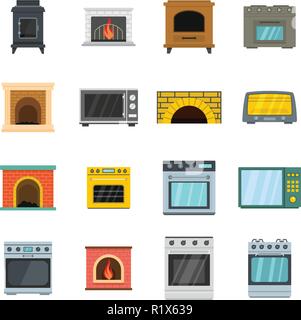 Oven stove furnace fireplace icons set. Flat illustration of 16 oven stove furnace fireplace vector icons for web Stock Vector
