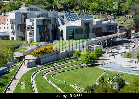 A view of the Scottish Parliament at Holyrood and Calton Hill behind, Edinburgh, Scotland. Stock Photo