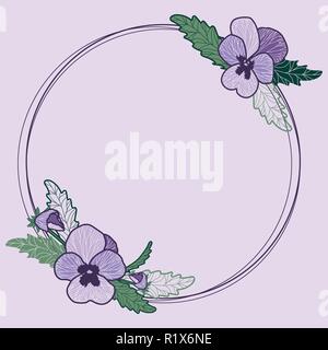 Floral frame, Purple pancies and green leaves, Vector illustration Stock Vector