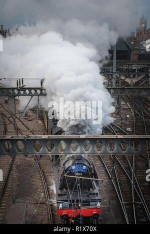 Goods Way, King's Cross, London, UK. 25th February, 2016. The National Railway Museum (NRM) owned steam locomotive, Flying Scotsman, emerges from King Stock Photo