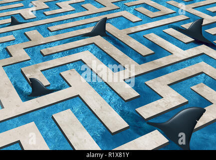 Challenge risk business and insurance symbol as a maze pool infested with dangerous sharks with 3D illustration elements. Stock Photo