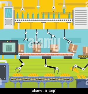 Production line factory conveyor banner horizontal concept set. Flat illustration of 3 production line factory conveyor vector banner horizontal concepts for web Stock Vector