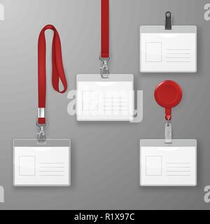 Vector Realistic Blank Office Graphic Id Card Set with Red Clasp, Holder Cllip and Lanyard Set Closeup Isolated. Design Template of Identification Card for Mockup. Identity Card Mock-up in Top view Stock Vector