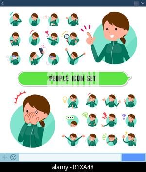 A set of women in sportswear with expresses various emotions on the SNS screen.There are variations of emotions such as joy and sadness.It's vector ar Stock Vector