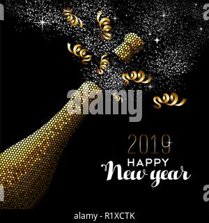 Happy new year 2019 luxury gold champagne bottle in mosaic style. Ideal for holiday card or elegant party invitation. Stock Vector