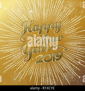 New year 2019 gold holiday greeting card design, fireworks explosion background illustration in golden luxury color. Stock Vector