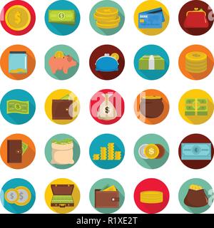 Money icons set. Flat illustration of 25 money vector icons circle isolated on white Stock Vector