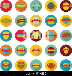 Shield badge icons set. Flat illustration of 25 shield badge vector icons circle isolated on white Stock Vector
