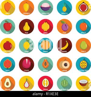 Fruits icons set. Flat illustration of 25 fruits vector icons circle isolated on white Stock Vector
