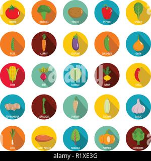 Vegetables icons set. Flat illustration of 25 vegetables vector icons circle isolated on white Stock Vector
