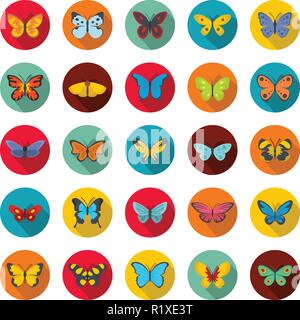 Butterfly icons set. Flat illustration of 25 butterfly vector icons circle isolated on white Stock Vector