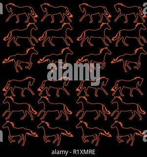 Red outlines of horses on a black background - seamless vector pattern. Glowing silhouettes of moving animals. For web design, wrapping paper, prints Stock Vector