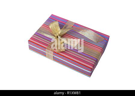 Gift box in bright wrapping paper. Close-up. Stock Photo