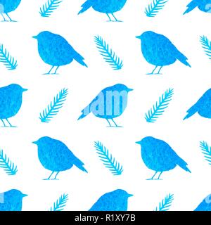 Watercolor seamless pattern with blue birds on a white background. Vector illustration. Stock Vector