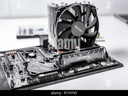 Installing random access memory into PC. Stock Photo