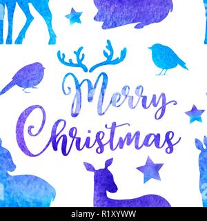 Blue vector watercolor winter seamless pattern with silhouettes of deer and birds. Christmas decorative background. Stock Vector
