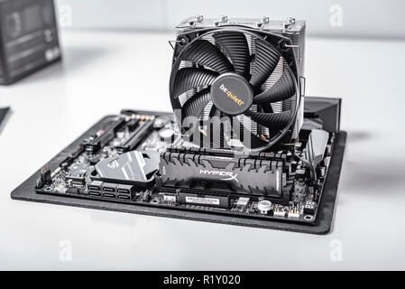 Installing random access memory into PC. Stock Photo