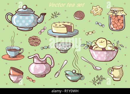 Vector sweets. Tea set. Sweets collection. Tea illustration. Stock Vector