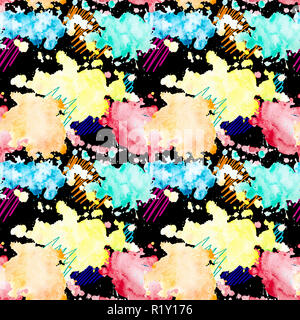Watercolor splashes. Colorful bright seamless pattern with yellow, orange, red and blue blots on a black background. Stock Photo
