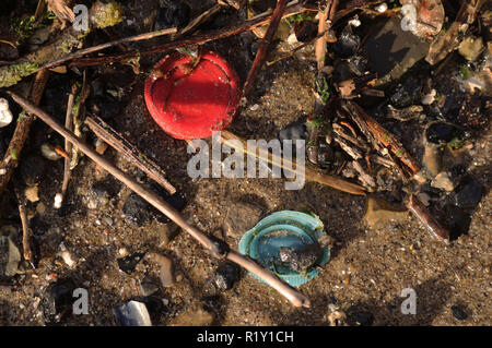 Plastic Bottle tops found in the River Thames to show the high use of Plastic used in the environment. Stock Photo