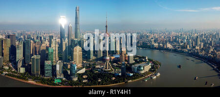 (181115) -- BEIJING, Nov. 15, 2018 (Xinhua) -- Stitched photo taken on June 21, 2018 shows scenery of the Lujiazui area in Pudong of Shanghai, east China. According to a statement issued by the National Bureau of Statistics (NBS), house prices in major Chinese cities remained stable in October as local governments continued tight property regulations. On a month-on-month basis, new house prices in China's four first-tier cities - Beijing, Shanghai, Shenzhen and Guangzhou - were flat with the previous month. New house prices in second-tier cities increased slower than the previous month, while Stock Photo