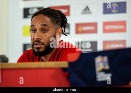Cardiff, Wales. 13th November, 2018. Wales captain Ashley Williams faces the media ahead of the match against Denmark in the UEFA Nations League. Lewis Mitchell/YCPD. Credit: Lewis Mitchell/Alamy Live News Stock Photo