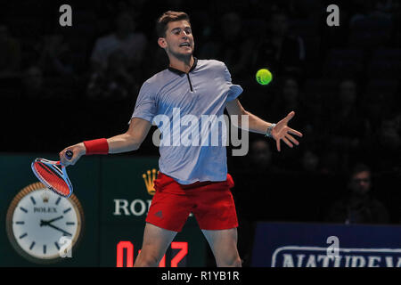 London, UK. 15th November 2018, The O2 , London, England;  Nitto ATP World Tour Finals;  Dominic Thiem of Austria in action during their match against Kei Nishikori of Japan  Credit: Romena Fogliati/News Images Credit: News Images /Alamy Live News Stock Photo