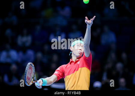 London, UK. 15th November, 2018. Kei Nishikori of Japan during the men's singles match of the 2018 Nitto ATP Finals against Dominic Thiem of Austria at the O2 Arena in London, England on November 15, 2018. Credit: AFLO/Alamy Live News Stock Photo