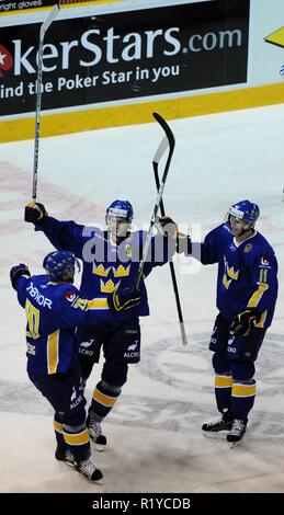 Liberec, Czech republic. 18th Apr, 2009. Euro Hockey Tour, Finland vs Sweden republic, 4:5, 18 April 2009, Liberec, CZE. Team of Sweden celebrate after defeating Finland during the Euro Hockey Tour ice hockey match in Liberec April 18, 2009./PSPA/Slavek Ruta Credit: Slavek Ruta/ZUMA Wire/Alamy Live News Stock Photo