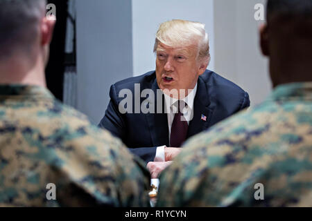 Washington, DC, USA. 15th Nov, 2018. United States President Donald J. Trump speaks to Marines at Marine Barracks in Washington, DC, U.S, on Thursday, Nov. 15, 2018. President Trump and the First Lady are meeting with Marines who responded to a building fire at the Arthur Capper Public Housing complex on September 9, 2018. Credit: Andrew Harrer/Pool via CNP | usage worldwide Credit: dpa/Alamy Live News Stock Photo