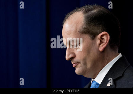 United States Secretary of Labor Alex Acosta speaks during an event supporting veterans and military families in the Eisenhower Executive Office Building in Washington, D.C., U.S., on Thursday, Nov. 15, 2018. US President Donald J. Trump today accused Robert Mueller of 'threatening' witnesses to cooperate in the probe into Russian meddling in the U.S. presidential election, one day after the Senate's Republican leader blocked a bid to protect the special counsel's work.  Credit: Andrew Harrer / Pool via CNP | usage worldwide Stock Photo