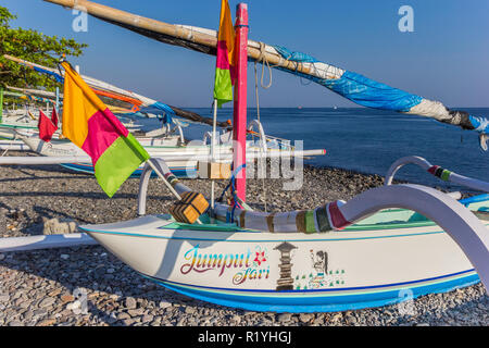 Traditional fishing boats at the Amed coast of Bali Stock Photo