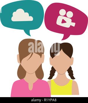 girls with speech bubbles and cinema icons vector illustration design Stock Vector