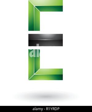 Vector Illustration of Green and Black Geometrical Glossy Letter E isolated on a White Background Stock Vector