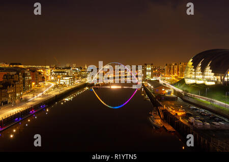 Newcastle upon Tyne/England - February 10th 2014: Millennium Bridge and Sage at night Stock Photo