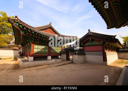 Korean style houses in Changdeokgung Palace in Seoul, Korea. Photo taken with wide angle lens Stock Photo