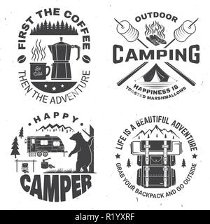 Happy camper. Vector. Concept for shirt or logo, print, stamp or tee. Vintage design with lantern, camping tent, campfire, coffee maker , sweet marshmallows on stick, mountain and forest silhouette. Stock Vector