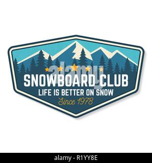 Snowboard Club patch. Vector illustration. Concept for shirt, print, stamp or tee. Vintage typography design with forest and mountain silhouette. Extreme winter sport. Stock Vector