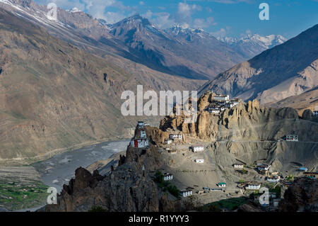 The Dankhar Gompa, a Tibetan Buddhist monastery, is located at a mountain ridge high above the Spiti Valley Stock Photo