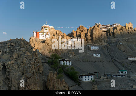 The first light of the day shining on Dankhar Gompa, a Tibetan Buddhist monastery, which is located at a mountain ridge high above the Spiti Valley Stock Photo