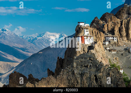 The first light of the day shining on Dankhar Gompa, a Tibetan Buddhist monastery, which is located at a mountain ridge high above the Spiti Valley Stock Photo